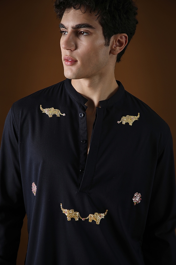 Navy Blue Cotton Elephant Hand Embroidered Kurta by Komal Kothari at Pernia's Pop Up Shop