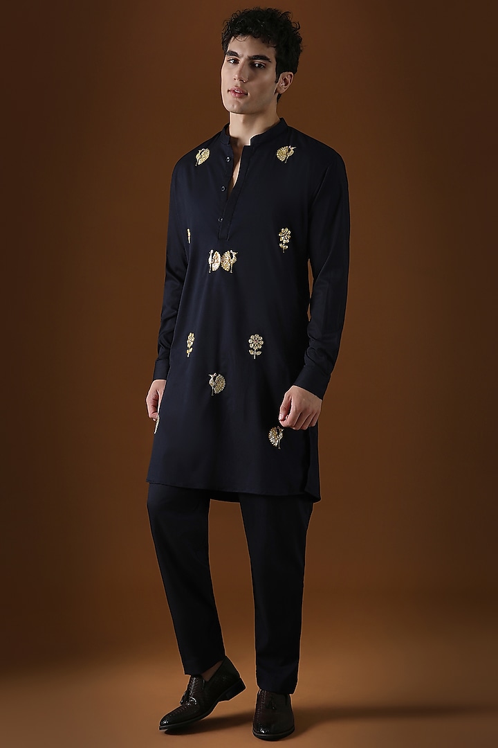 Navy Blue Cotton Peacock Hand Embroidered Kurta by Komal Kothari