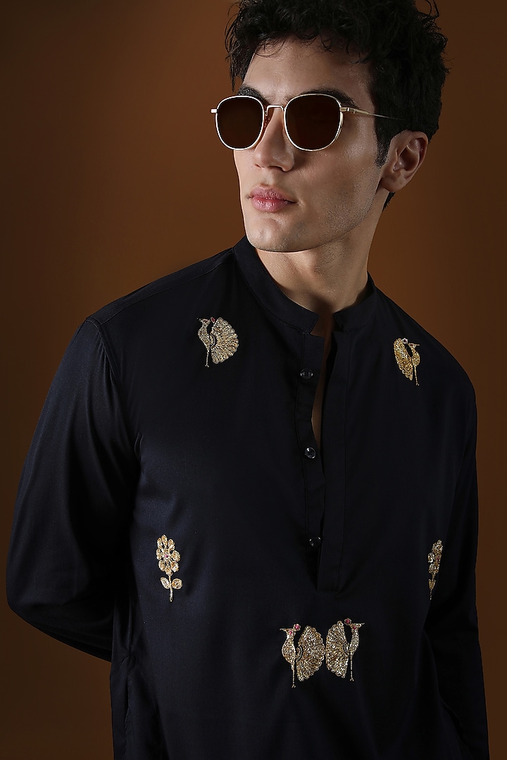 Navy Blue Cotton Peacock Hand Embroidered Kurta by Komal Kothari at Pernia's Pop Up Shop