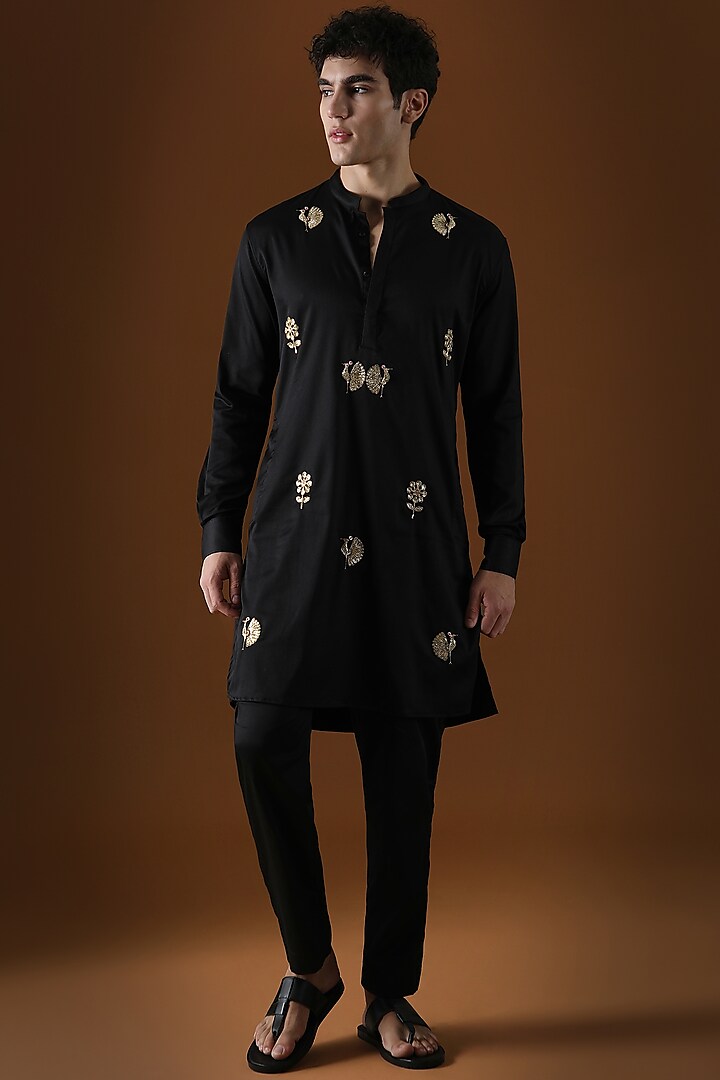 Black Cotton Peacock Hand Embroidered Kurta by Komal Kothari