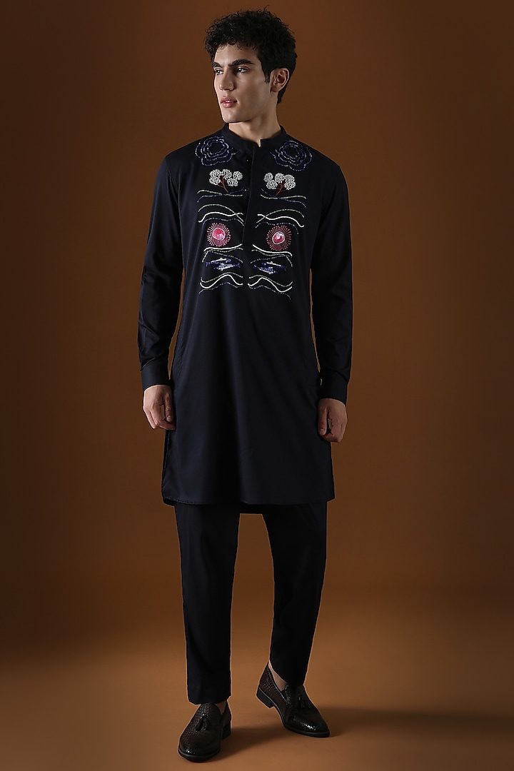 Navy Blue Cotton Hand Embroidered Kurta by Komal Kothari