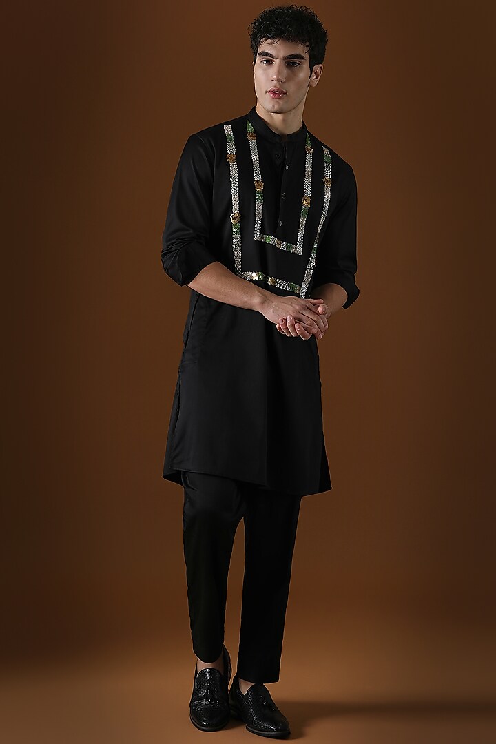 Black Cotton Sequins Hand Embroidered Kurta by Komal Kothari