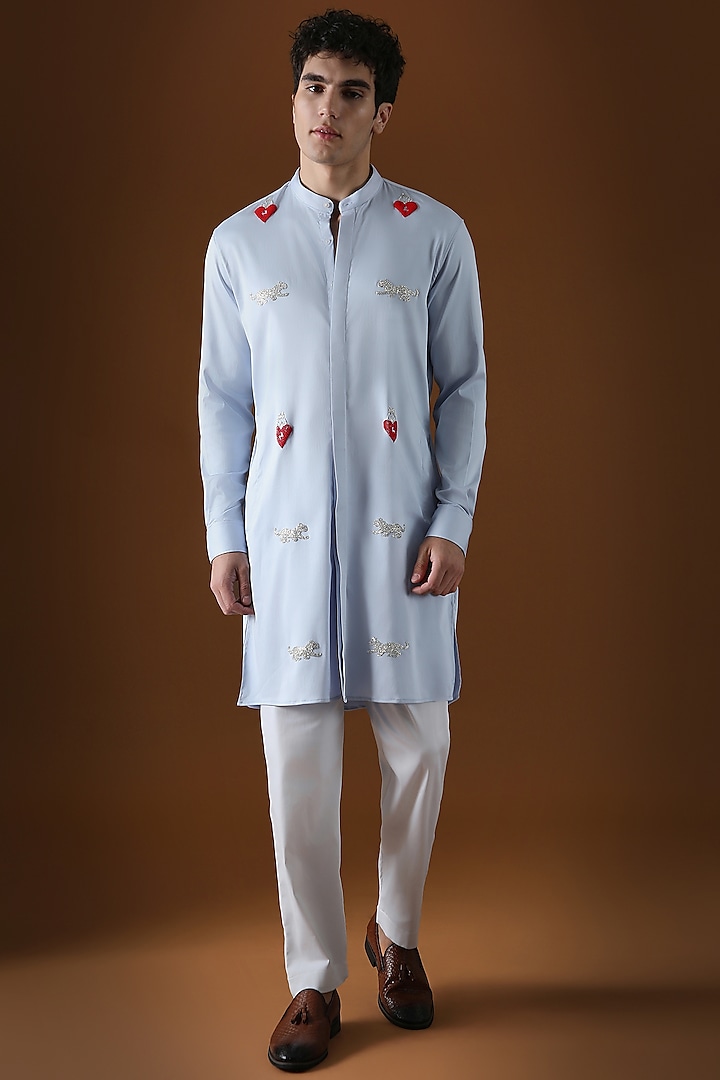 Powder Blue Cotton Heart Hand Embroidered Kurta by Komal Kothari