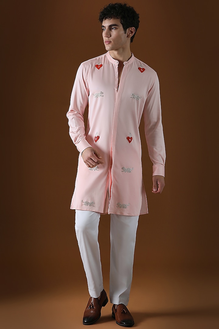 Baby Pink Cotton Heart Hand Embroidered Kurta by Komal Kothari