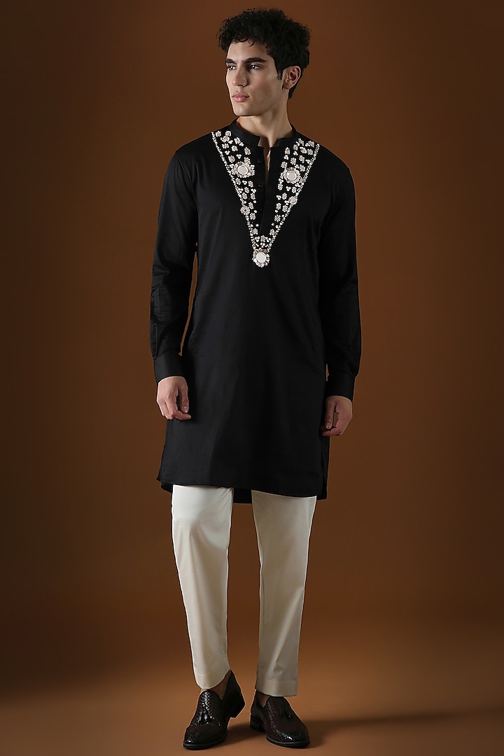 Black Cotton Mirror Hand Embroidered Kurta by Komal Kothari