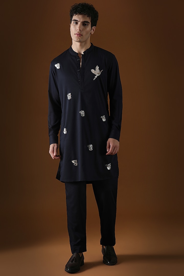 Navy Blue Cotton Mirror Hand Embroidered Kurta by Komal Kothari