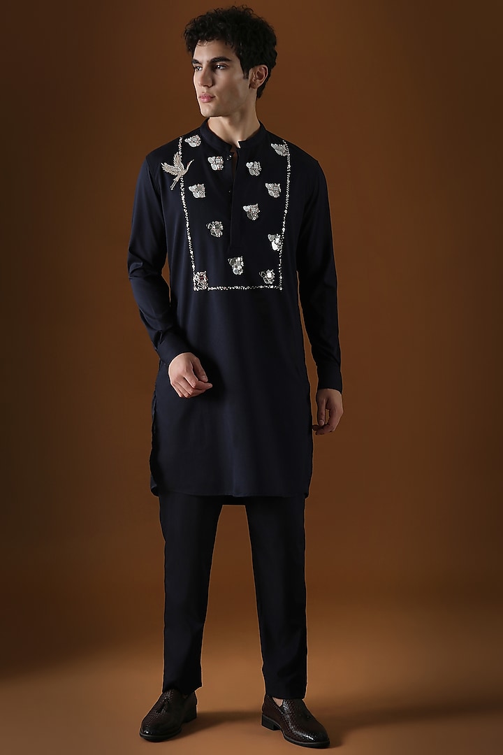 Navy Blue Cotton Mirror Hand Embroidered Kurta by Komal Kothari