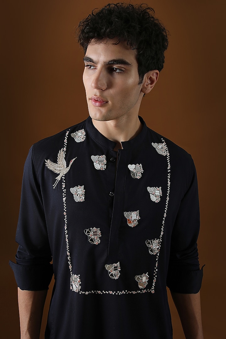 Navy Blue Cotton Mirror Hand Embroidered Kurta by Komal Kothari at Pernia's Pop Up Shop