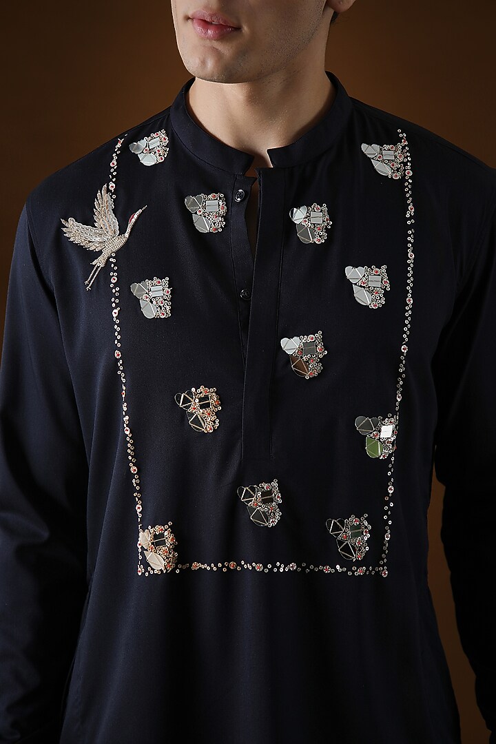 Navy Blue Cotton Mirror Hand Embroidered Kurta by Komal Kothari at Pernia's Pop Up Shop