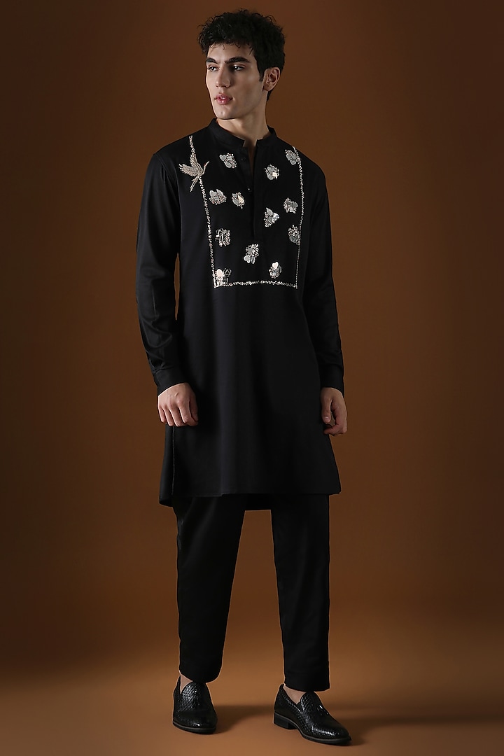 Black Cotton Mirror Hand Embroidered Kurta by Komal Kothari