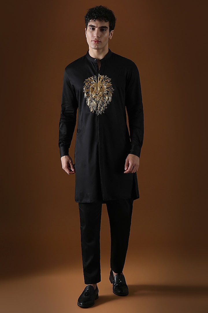 Black Cotton Lion Hand Embroidered Kurta by Komal Kothari at Pernia's Pop Up Shop