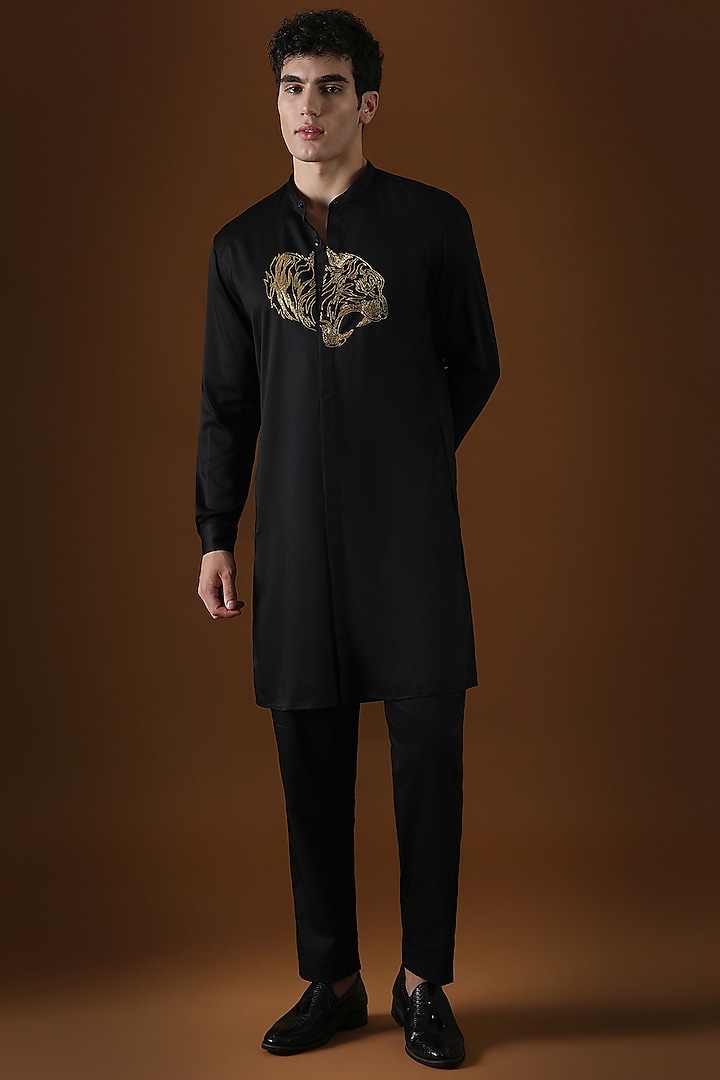 Black Cotton Tiger Hand Embroidered Kurta by Komal Kothari at Pernia's Pop Up Shop