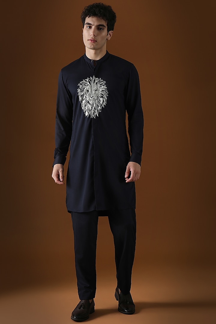 Navy Blue Cotton Lion Hand Embroidered Kurta by Komal Kothari at Pernia's Pop Up Shop