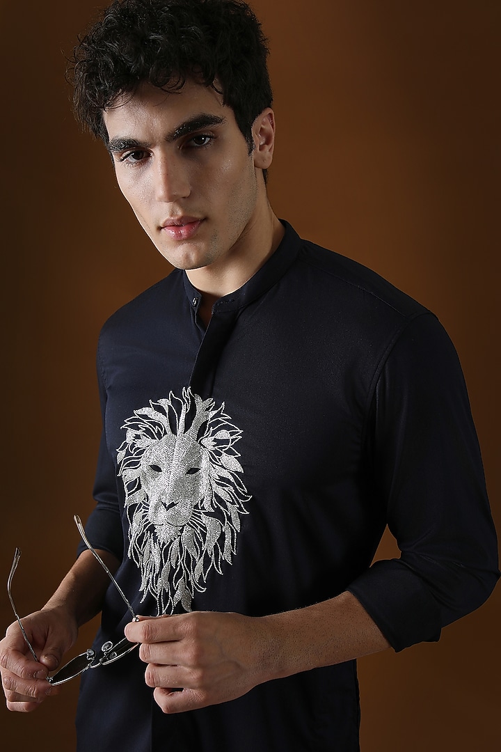 Navy Blue Cotton Lion Hand Embroidered Kurta by Komal Kothari at Pernia's Pop Up Shop