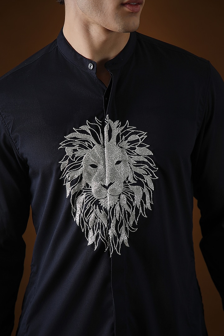 Navy Blue Cotton Lion Hand Embroidered Kurta by Komal Kothari at Pernia's Pop Up Shop
