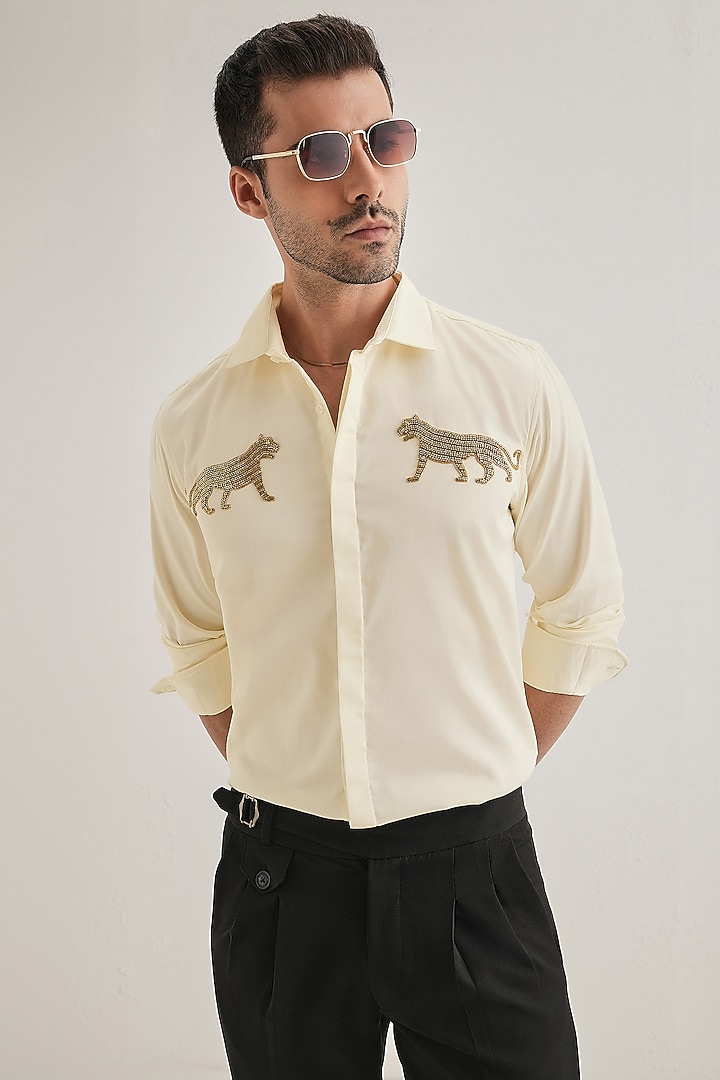 Ivory Cotton & Satin Hand Embroidered Party Wear Shirt by Komal Kothari at Pernia's Pop Up Shop