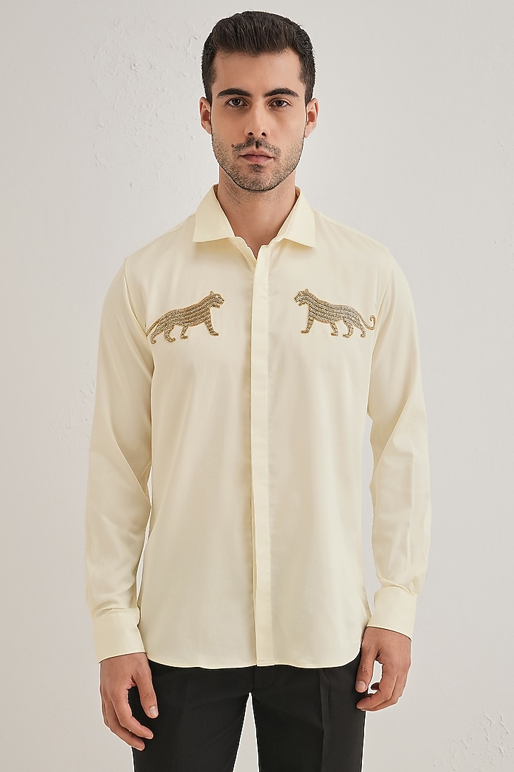 Ivory Cotton & Satin Hand Embroidered Party Wear Shirt by Komal Kothari at Pernia's Pop Up Shop