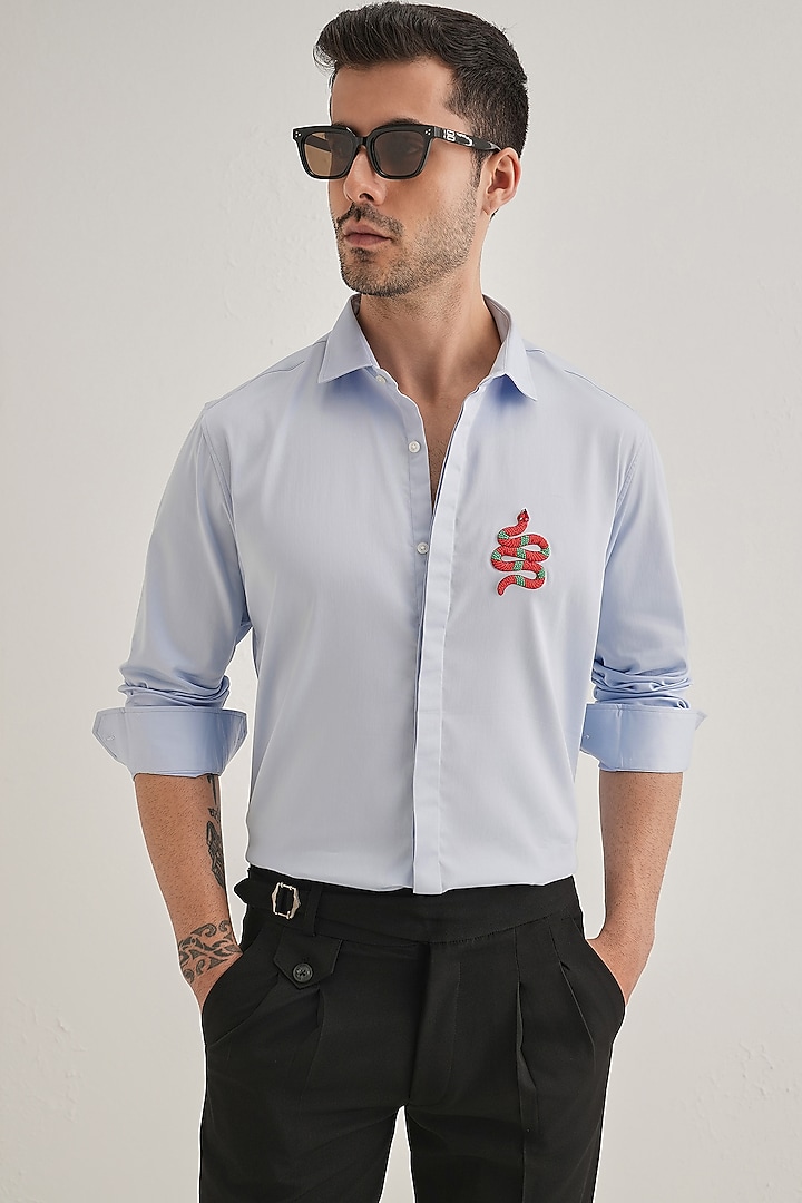 Powder Blue Cotton & Satin Hand Embroidered Party Wear Shirt by Komal Kothari at Pernia's Pop Up Shop