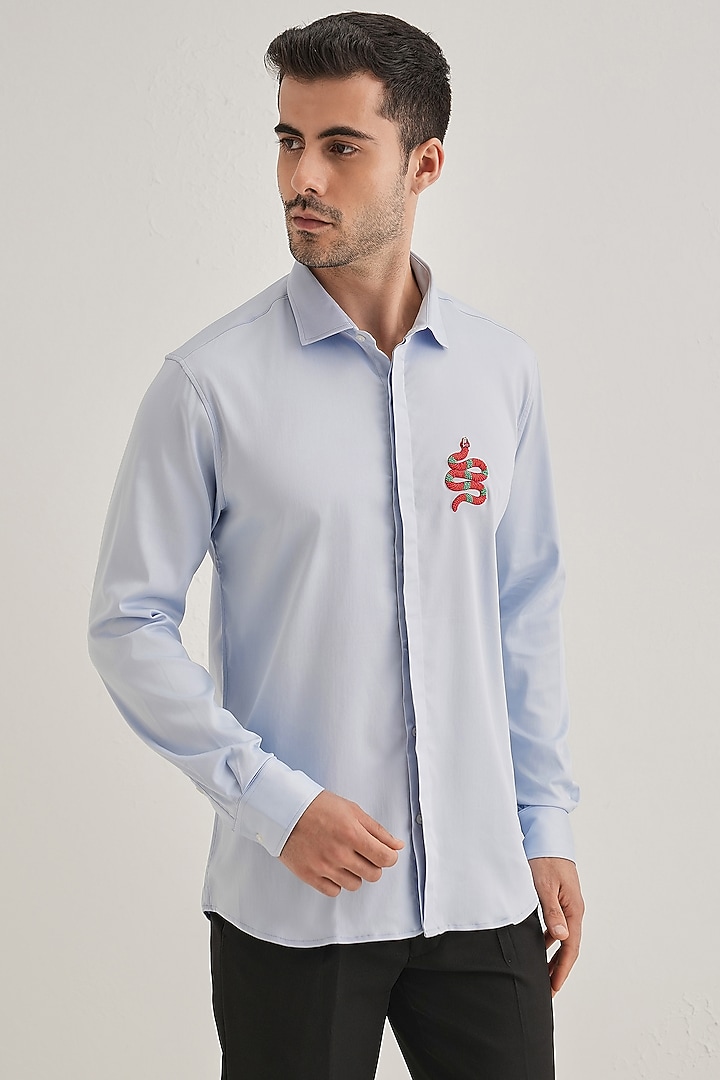Powder Blue Cotton & Satin Hand Embroidered Party Wear Shirt by Komal Kothari at Pernia's Pop Up Shop