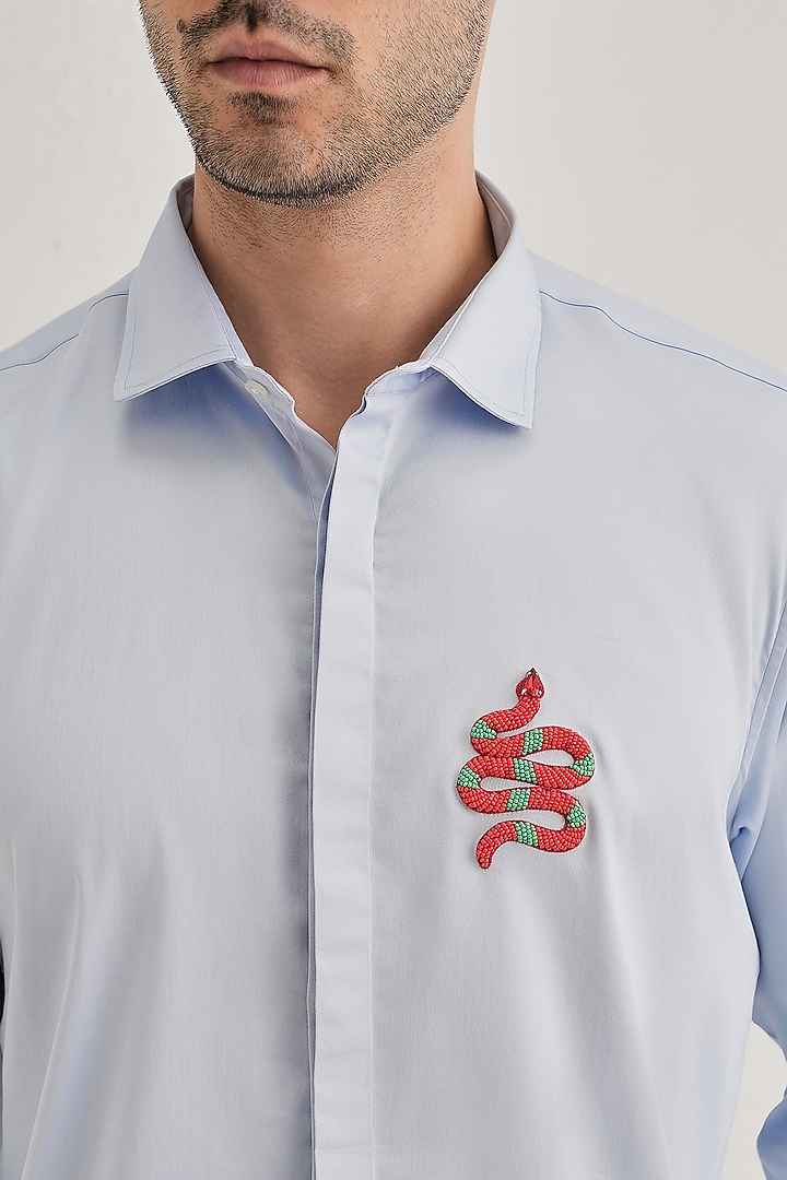 Powder Blue Cotton & Satin Hand Embroidered Party Wear Shirt by Komal Kothari at Pernia's Pop Up Shop