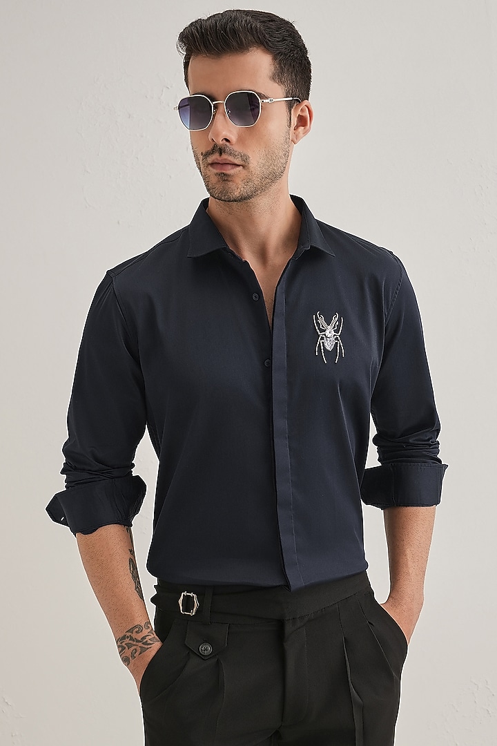 Navy Cotton & Satin Hand Embroidered Party Wear Shirt by Komal Kothari at Pernia's Pop Up Shop