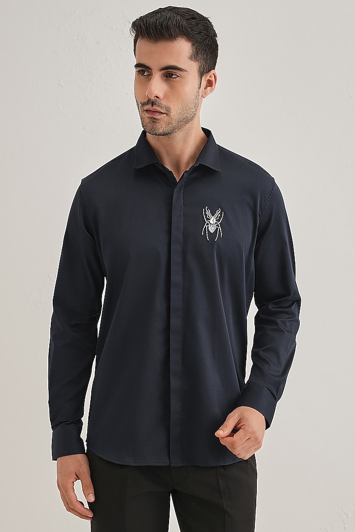 Navy Cotton & Satin Hand Embroidered Party Wear Shirt by Komal Kothari at Pernia's Pop Up Shop