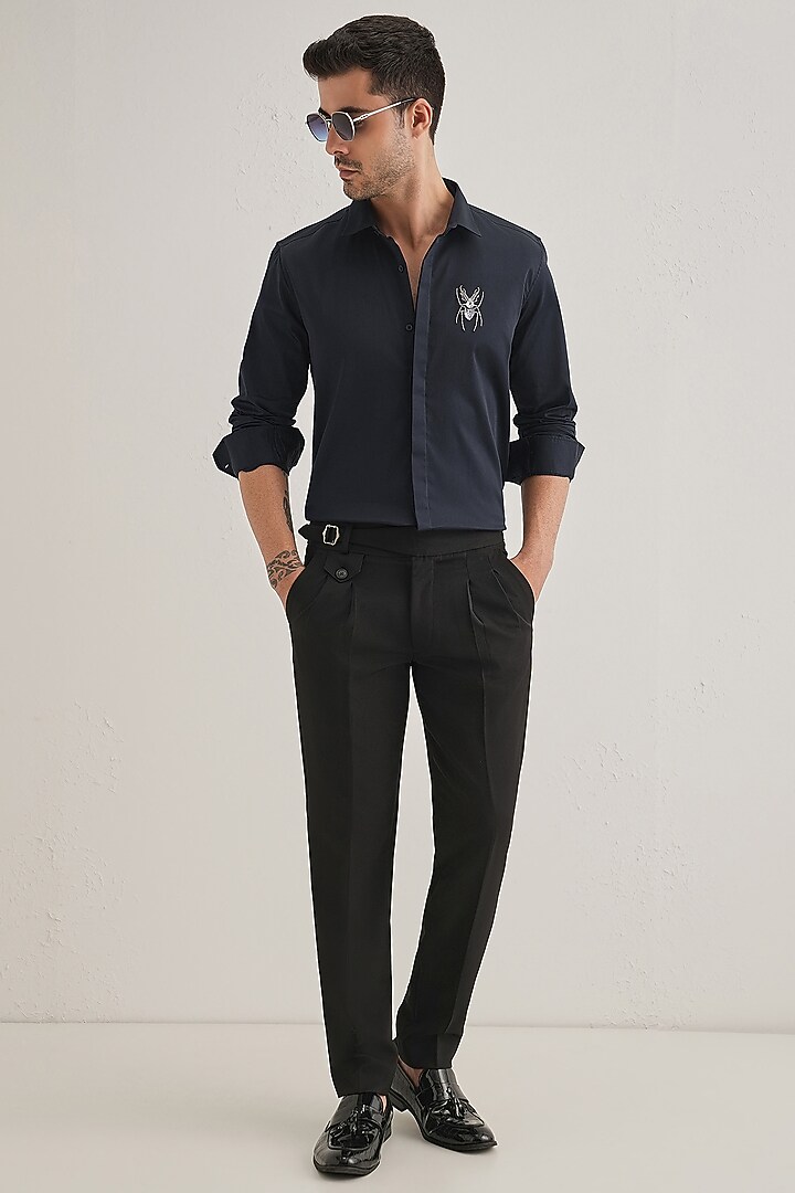 Navy Cotton & Satin Hand Embroidered Party Wear Shirt by Komal Kothari at Pernia's Pop Up Shop