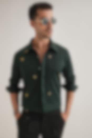 Bottle Green Cotton & Satin Hand Embroidered Party Wear Shirt by Komal Kothari at Pernia's Pop Up Shop