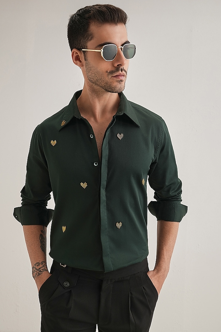 Bottle Green Cotton & Satin Hand Embroidered Party Wear Shirt by Komal Kothari at Pernia's Pop Up Shop