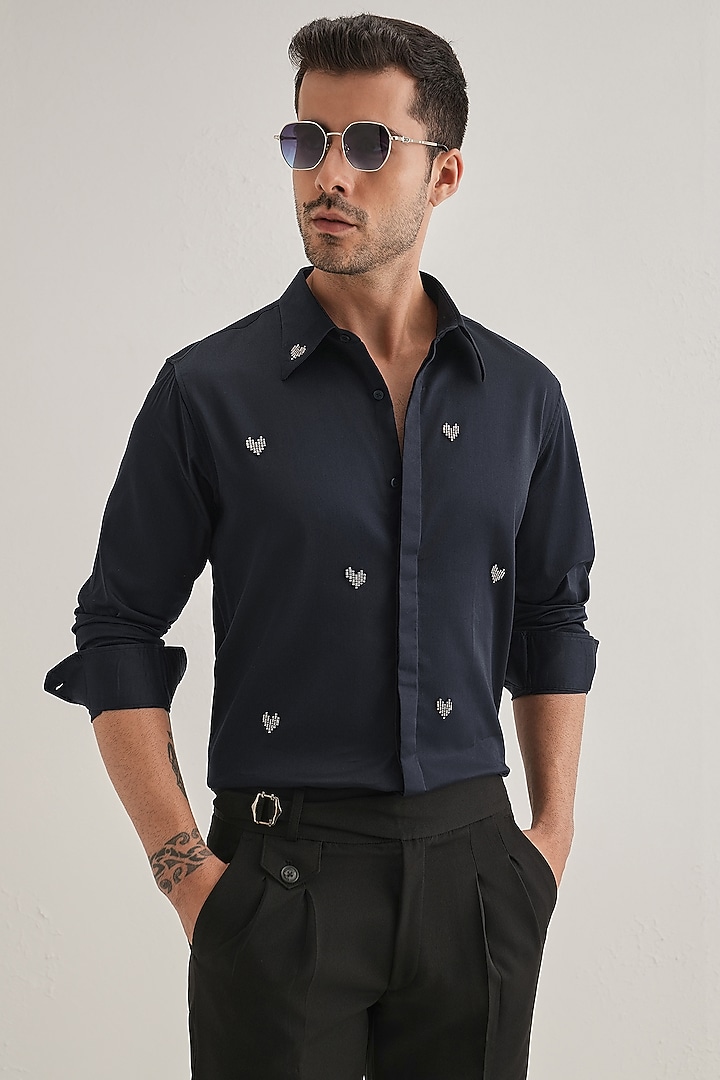 Navy Cotton & Satin Hand Embroidered Party Wear Shirt by Komal Kothari at Pernia's Pop Up Shop