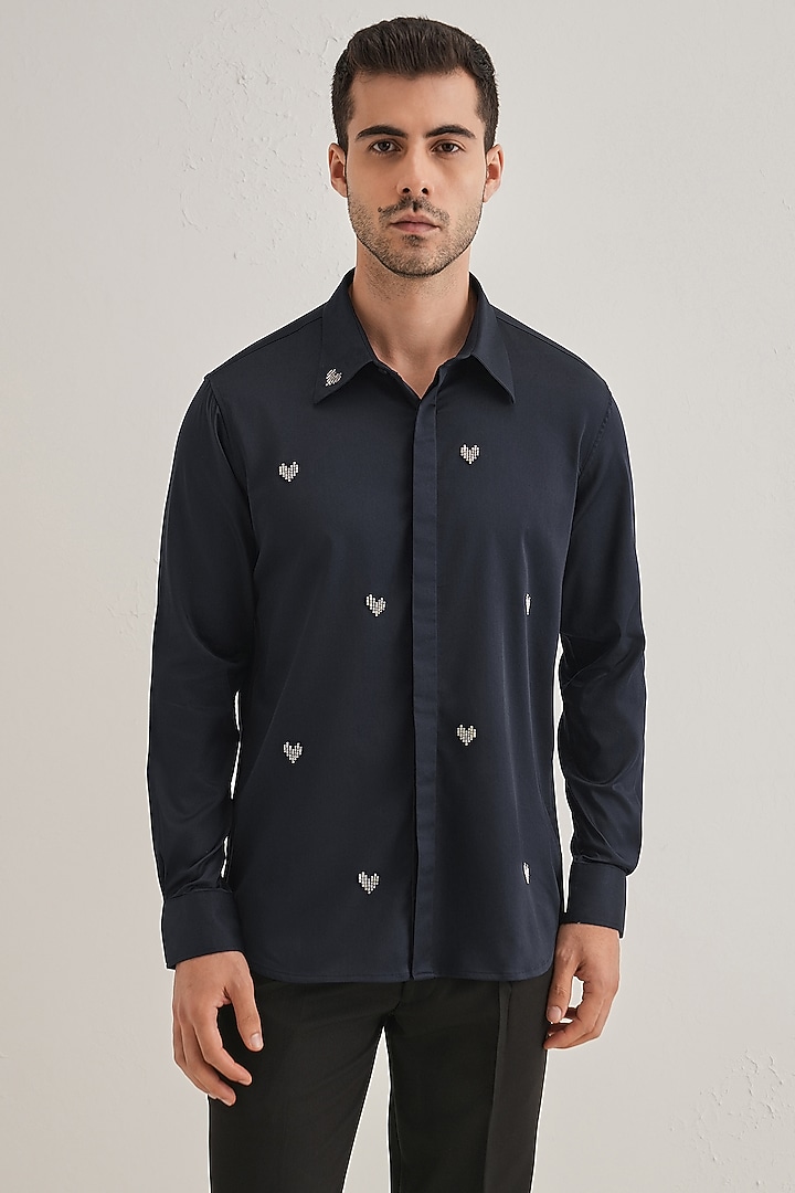 Navy Cotton & Satin Hand Embroidered Party Wear Shirt by Komal Kothari at Pernia's Pop Up Shop