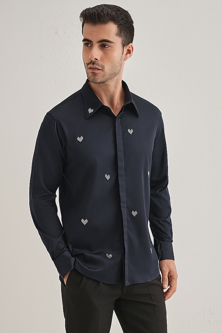 Navy Cotton & Satin Hand Embroidered Party Wear Shirt by Komal Kothari at Pernia's Pop Up Shop