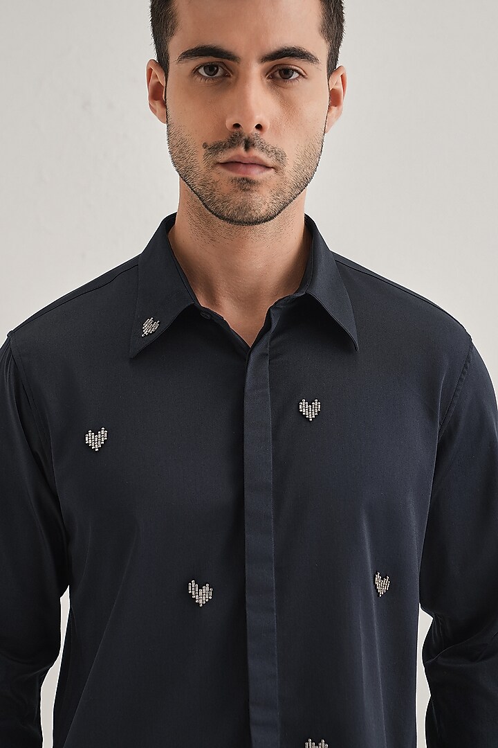 Navy Cotton & Satin Hand Embroidered Party Wear Shirt by Komal Kothari at Pernia's Pop Up Shop