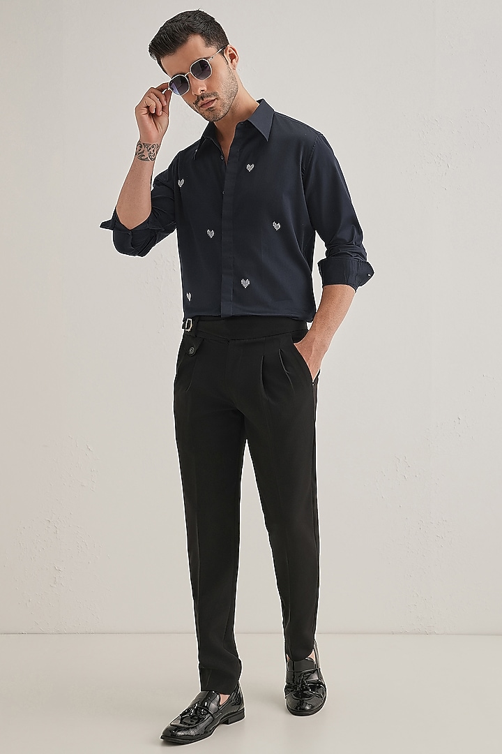 Navy Cotton & Satin Hand Embroidered Party Wear Shirt by Komal Kothari at Pernia's Pop Up Shop