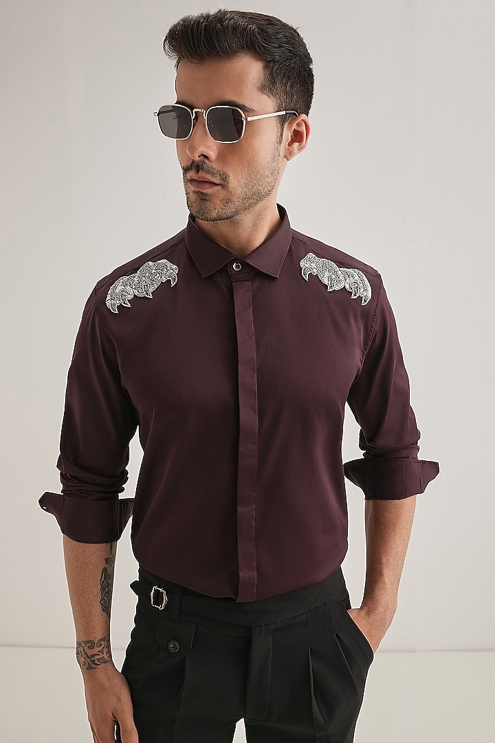 Wine Cotton & Satin Hand Embroidered Party Wear Shirt by Komal Kothari at Pernia's Pop Up Shop