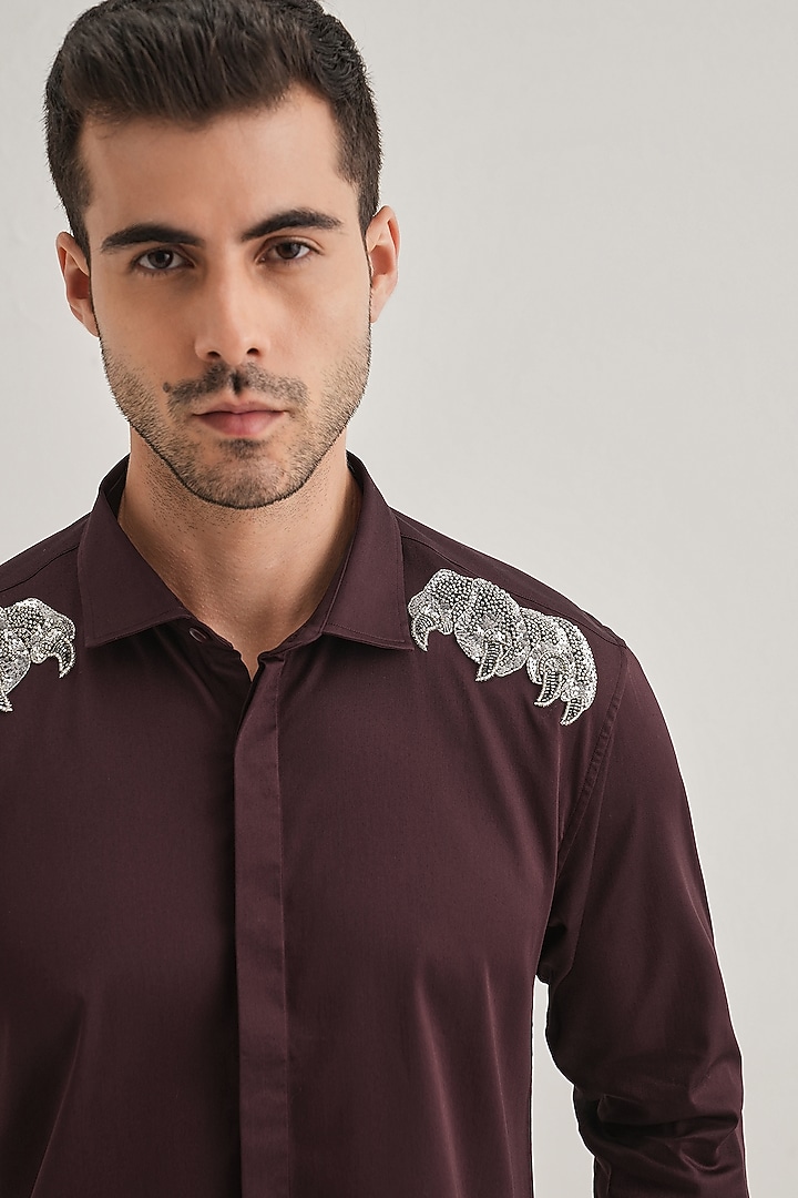 Wine Cotton & Satin Hand Embroidered Party Wear Shirt by Komal Kothari at Pernia's Pop Up Shop