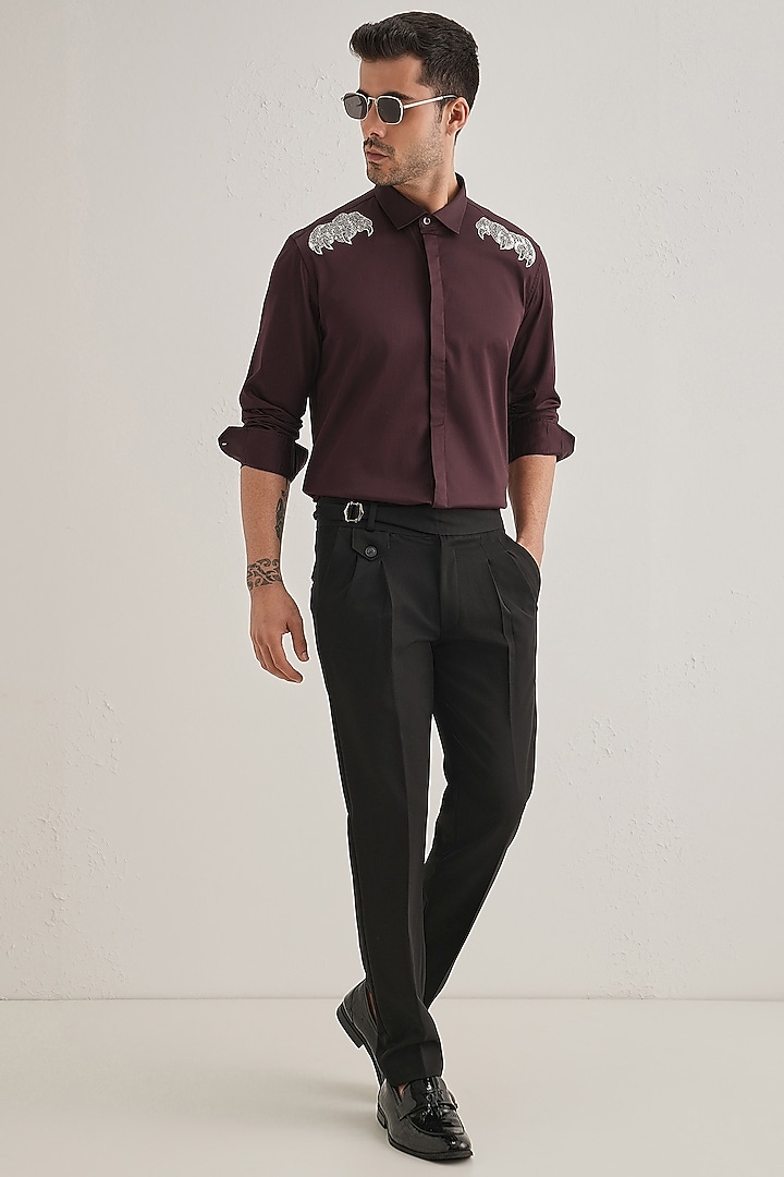 Wine Cotton & Satin Hand Embroidered Party Wear Shirt by Komal Kothari at Pernia's Pop Up Shop