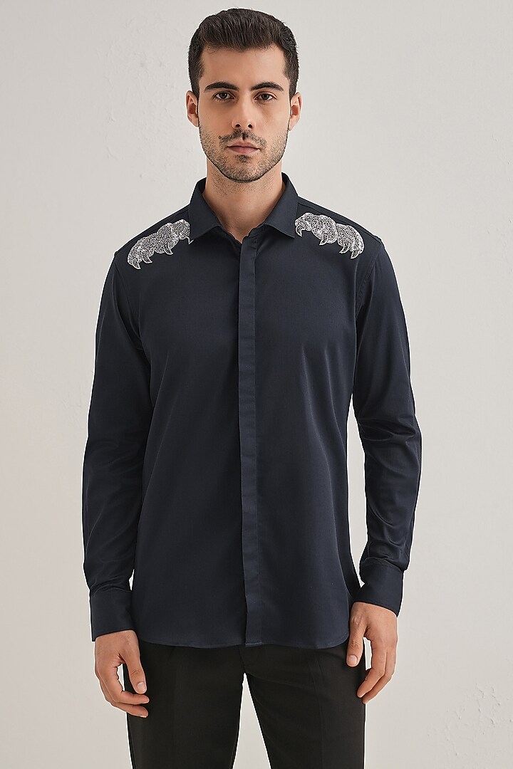 Navy Cotton & Satin Hand Embroidered Party Wear Shirt by Komal Kothari at Pernia's Pop Up Shop