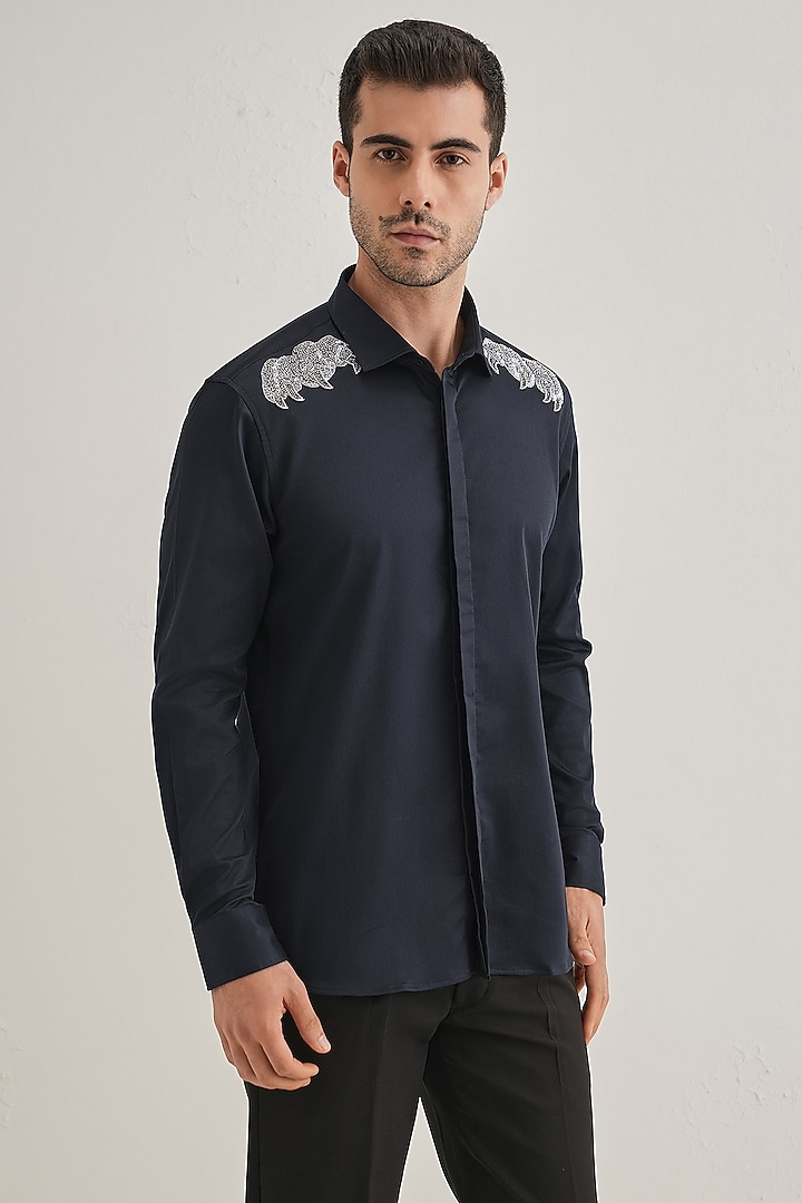 Navy Cotton & Satin Hand Embroidered Party Wear Shirt by Komal Kothari at Pernia's Pop Up Shop