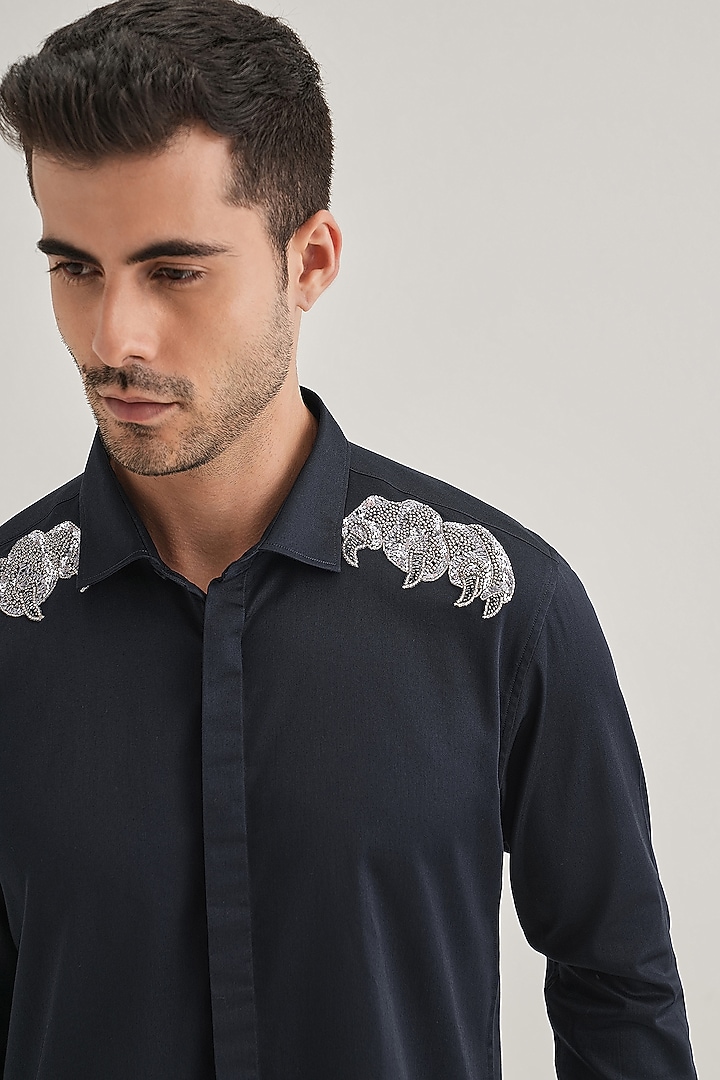 Navy Cotton & Satin Hand Embroidered Party Wear Shirt by Komal Kothari at Pernia's Pop Up Shop
