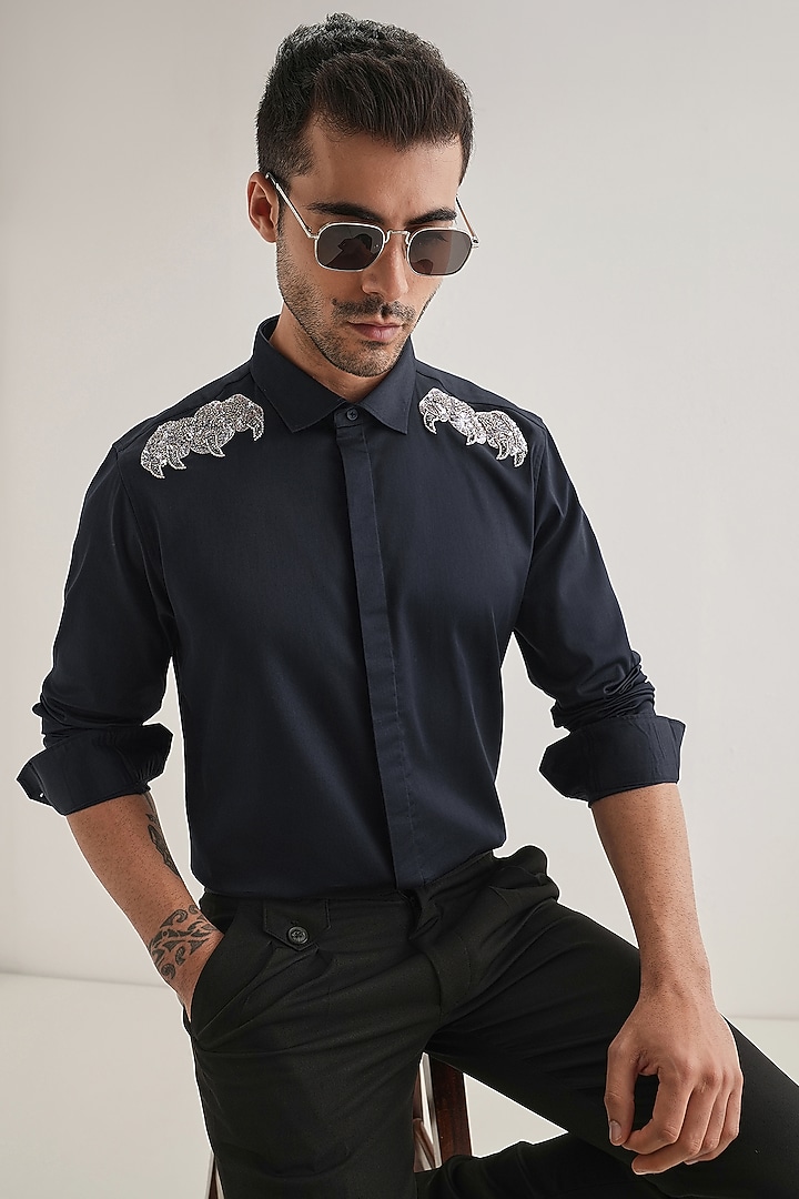 Navy Cotton & Satin Hand Embroidered Party Wear Shirt by Komal Kothari at Pernia's Pop Up Shop