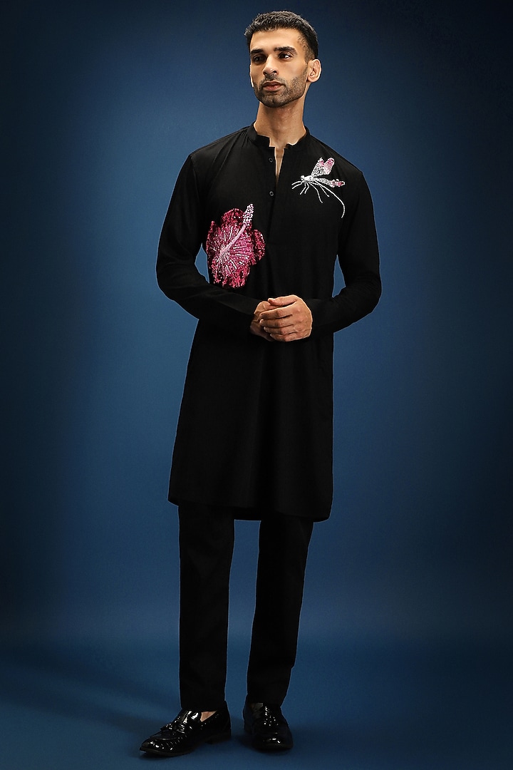 Black Cotton & Satin Kurta by Komal Kothari at Pernia's Pop Up Shop