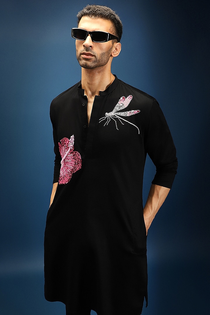 Black Cotton & Satin Kurta by Komal Kothari at Pernia's Pop Up Shop