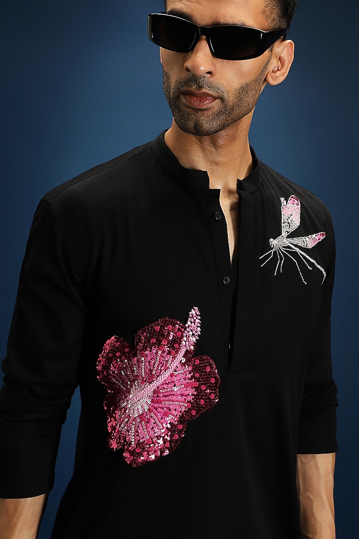 Black Cotton & Satin Kurta by Komal Kothari at Pernia's Pop Up Shop