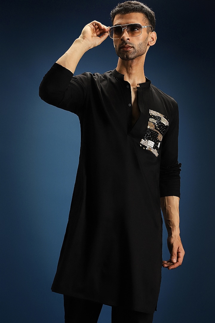 Black Cotton & Satin Kurta by Komal Kothari at Pernia's Pop Up Shop
