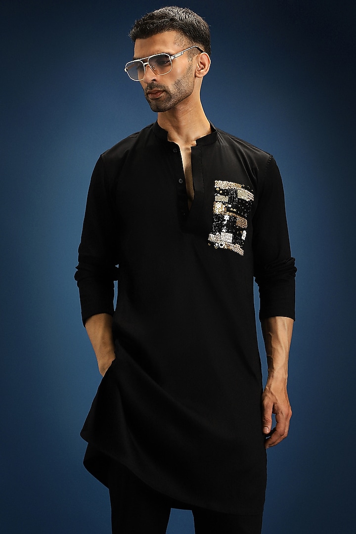 Black Cotton & Satin Kurta by Komal Kothari at Pernia's Pop Up Shop