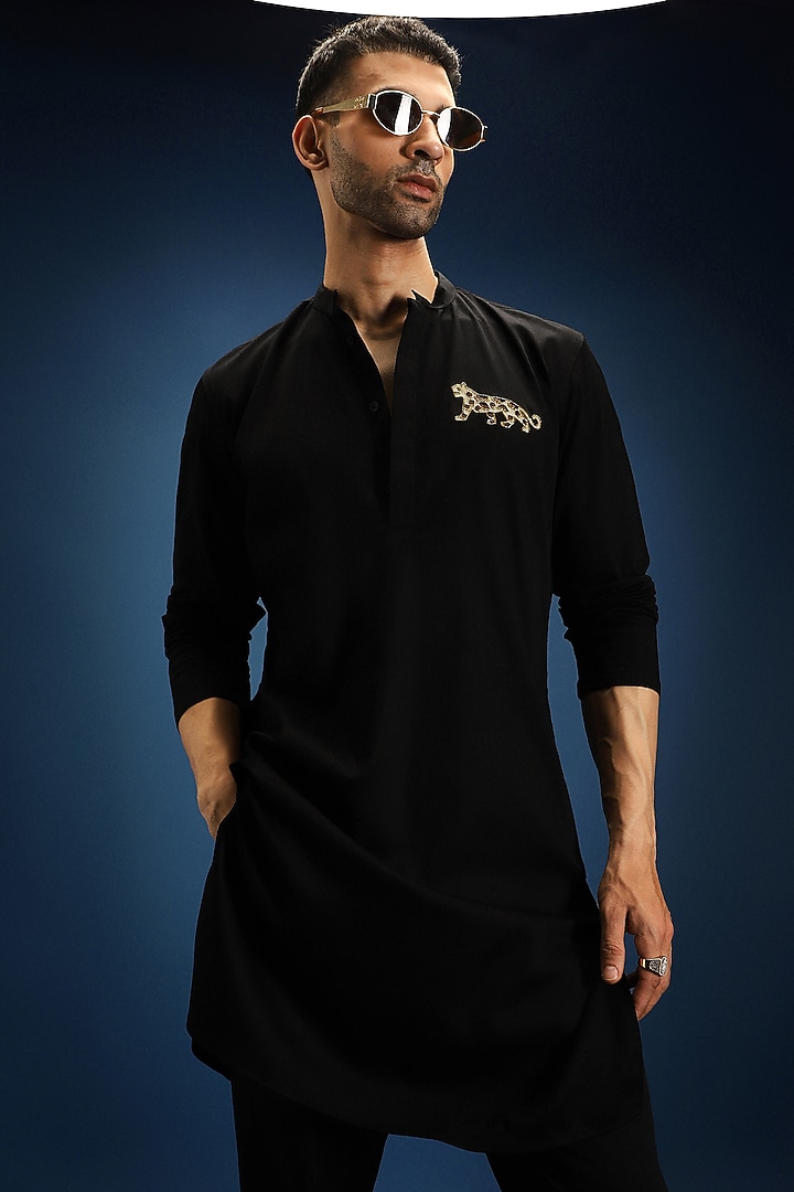 Black Cotton & Satin Kurta by Komal Kothari at Pernia's Pop Up Shop
