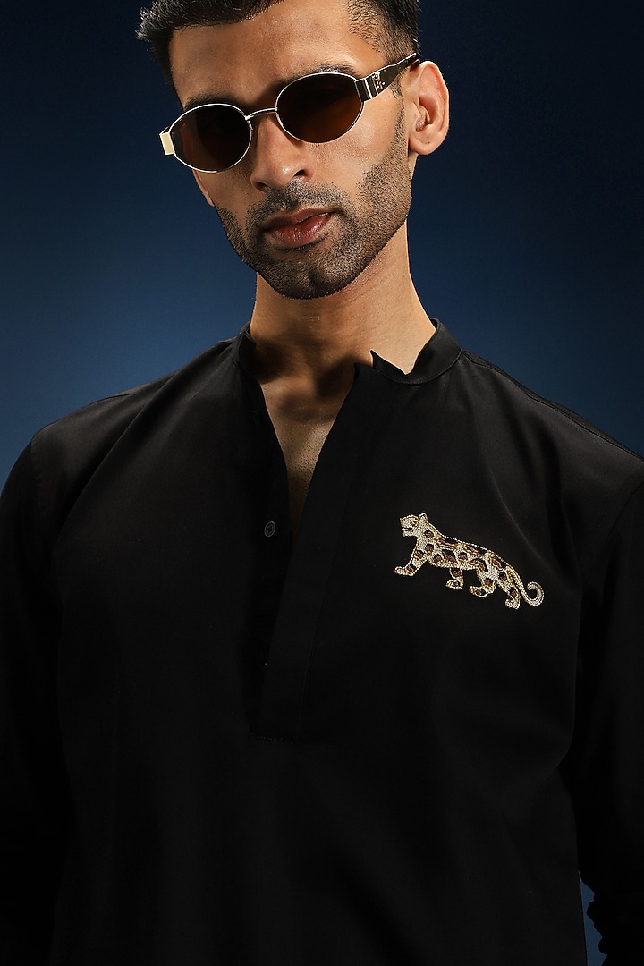 Black Cotton & Satin Kurta by Komal Kothari at Pernia's Pop Up Shop