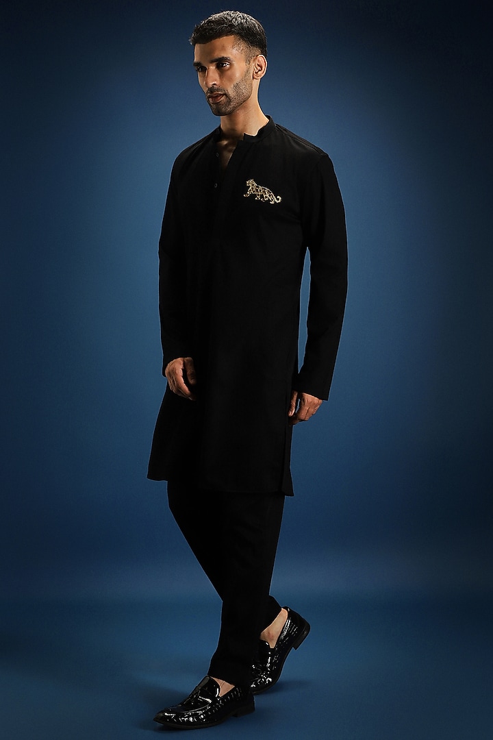 Black Cotton & Satin Kurta by Komal Kothari at Pernia's Pop Up Shop