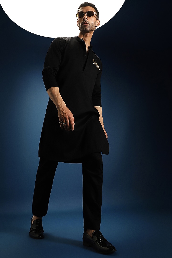 Black Cotton & Satin Kurta by Komal Kothari at Pernia's Pop Up Shop